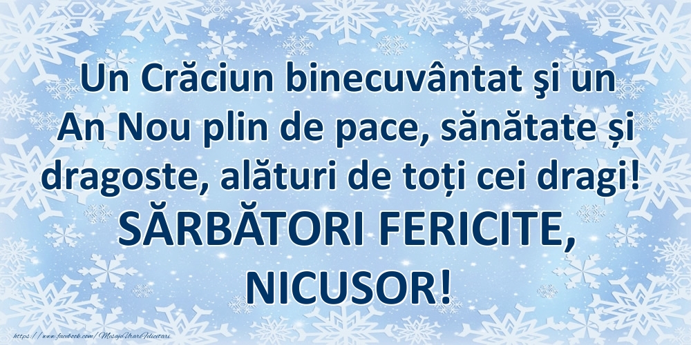 Felicitari de Craciun - Un Crăciun binecuvântat şi un An Nou plin de pace, sănătate și dragoste, alături de toți cei dragi! SĂRBĂTORI FERICITE, Nicusor!