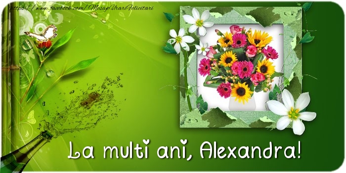 Felicitari de la multi ani - Flori & Sampanie & 1 Poza & Ramă Foto | La multi ani Alexandra
