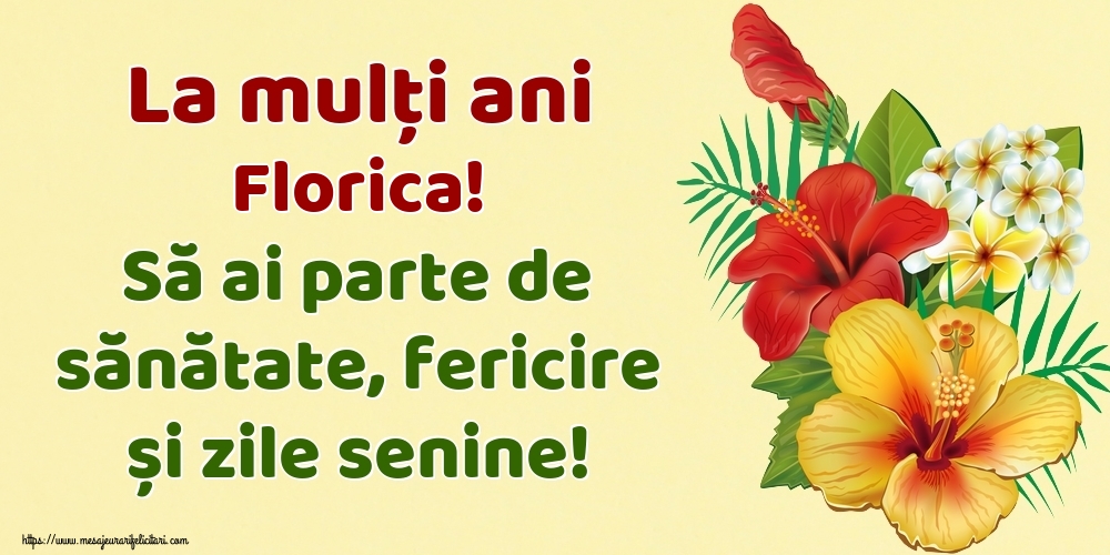 Felicitari de la multi ani -  La mulți ani Florica! Să ai parte de sănătate, fericire și zile senine!