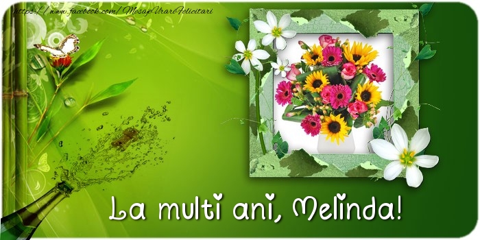 Felicitari de la multi ani - Flori & Sampanie & 1 Poza & Ramă Foto | La multi ani Melinda