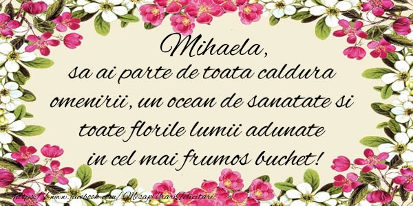 felicitari pt mihaela Mihaela, sa ai parte de toata caldura omenirii, un ocean de sanatate si toate florile lumii adunate in cel mai frumos buchet!