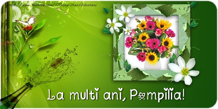 Felicitari de la multi ani - Flori & Sampanie & 1 Poza & Ramă Foto | La multi ani Pompilia