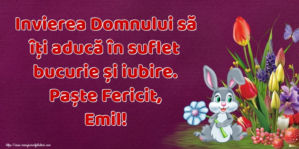 Felicitari de Paste - Iepuras & Flori | Invierea Domnului să îți aducă în suflet bucurie și iubire. Paște Fericit, Emil!