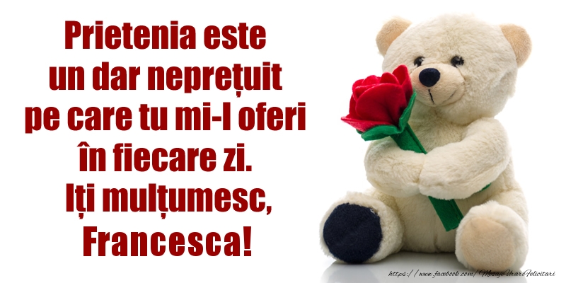 Felicitari de prietenie - Flori & Ursuleti | Prietenia este un dar neprețuit pe care tu mi-l oferi în fiecare zi. Iți mulțumesc, Francesca!
