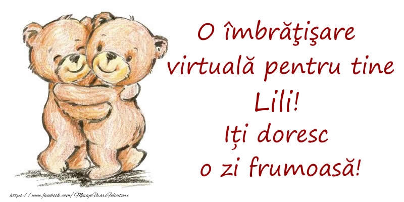 Felicitari de prietenie - Ursuleti | O îmbrăţişare virtuală pentru tine Lili. Iți doresc o zi frumoasă!