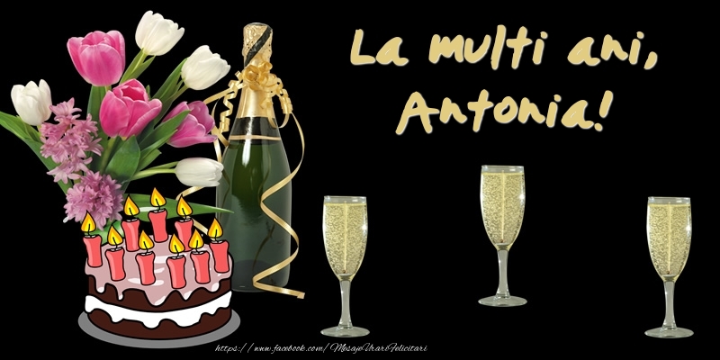 Felicitari de zi de nastere -  Felicitare cu tort, flori si sampanie: La multi ani, Antonia!