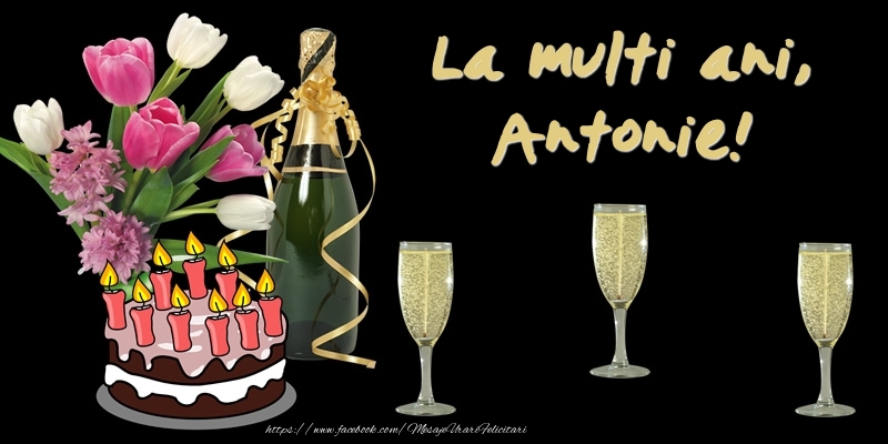 Felicitari de zi de nastere -  Felicitare cu tort, flori si sampanie: La multi ani, Antonie!