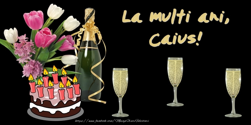 Felicitari de zi de nastere -  Felicitare cu tort, flori si sampanie: La multi ani, Caius!
