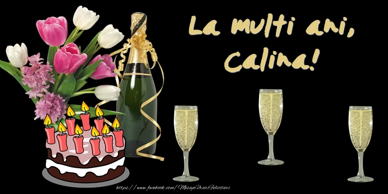 Felicitari de zi de nastere -  Felicitare cu tort, flori si sampanie: La multi ani, Calina!