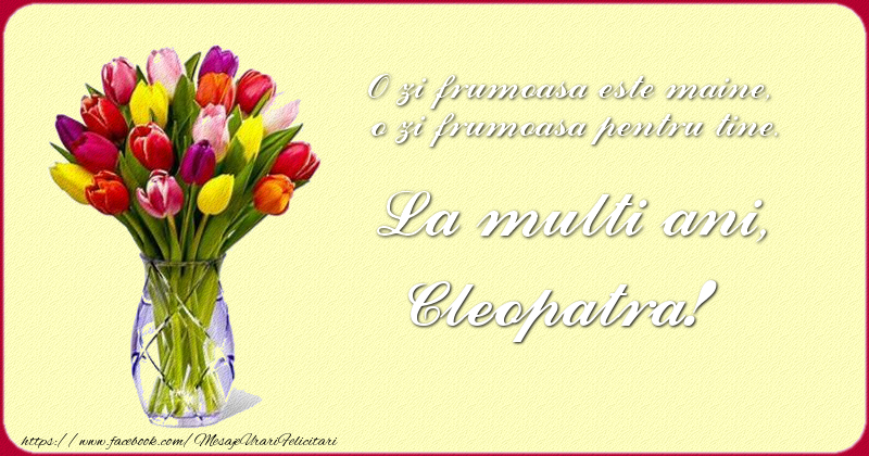 Felicitari de zi de nastere - Buchete De Flori & Flori & Lalele | O zi frumoasu0103 este maine, o zi frumoasu0103 pentru tine. La multi ani Cleopatra