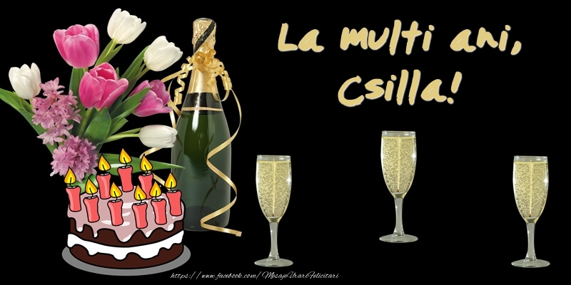 Felicitari de zi de nastere -  Felicitare cu tort, flori si sampanie: La multi ani, Csilla!