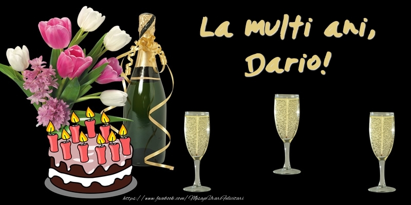 Felicitari de zi de nastere -  Felicitare cu tort, flori si sampanie: La multi ani, Dario!