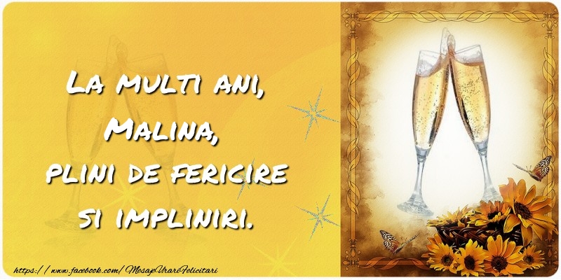 Felicitari de zi de nastere - Flori & Sampanie & 1 Poza & Ramă Foto | La multi ani, Malina, plini de fericire si impliniri.