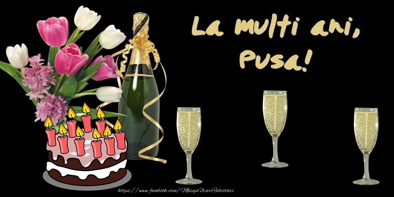 Felicitari de zi de nastere -  Felicitare cu tort, flori si sampanie: La multi ani, Pusa!