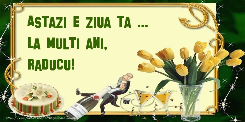 Felicitari de zi de nastere - Lalele & Sampanie & Tort | Astazi e ziua ta ... La multi ani, Raducu!