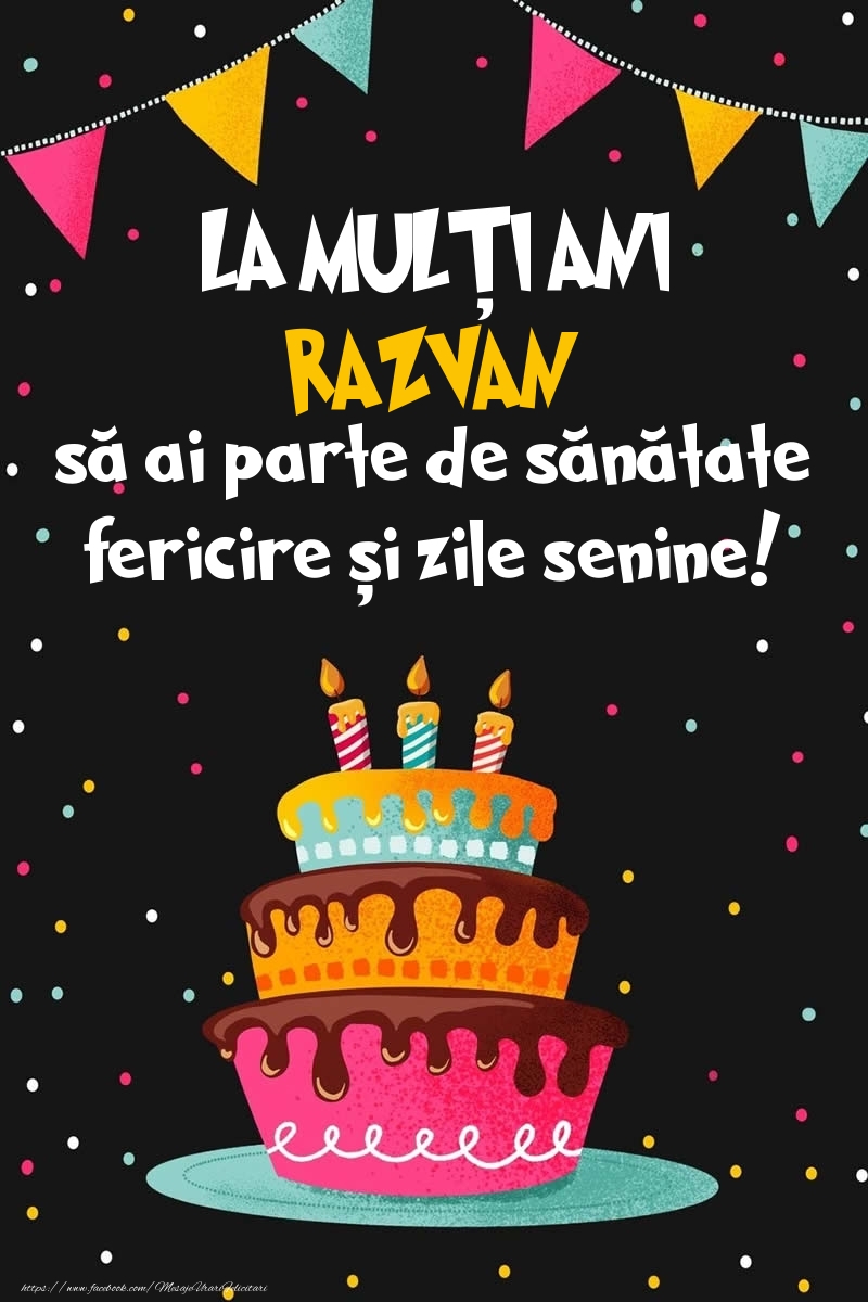 Felicitari de zi de nastere - Imagine cu tort si confeti: LA MULȚI ANI Razvan!