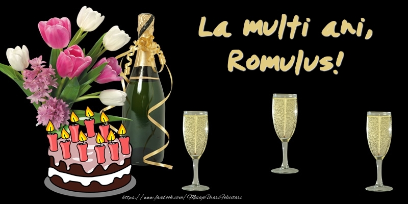 Felicitari de zi de nastere -  Felicitare cu tort, flori si sampanie: La multi ani, Romulus!