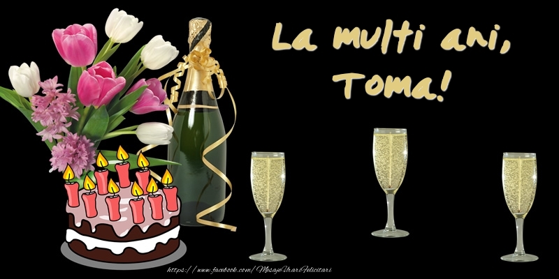 Felicitari de zi de nastere -  Felicitare cu tort, flori si sampanie: La multi ani, Toma!