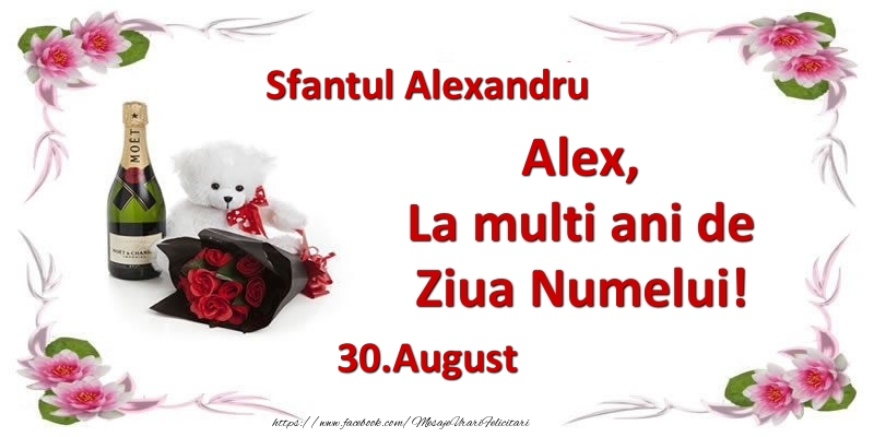 Felicitari de Ziua Numelui - Flori & Sampanie & Ursuleti | Alex, la multi ani de ziua numelui! 30.August Sfantul Alexandru