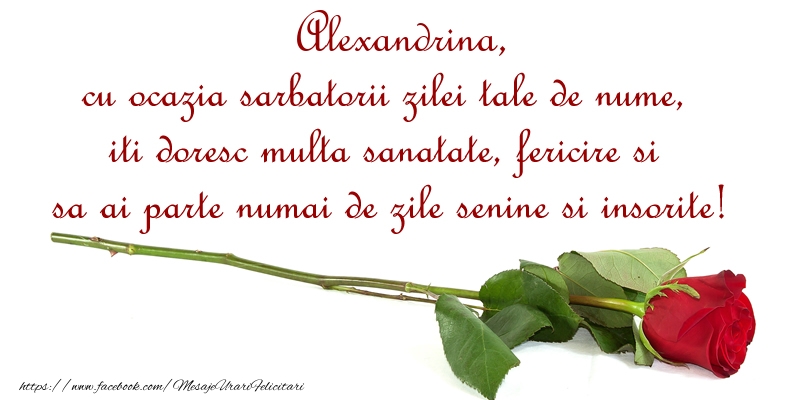 Felicitari de Ziua Numelui - Alexandrina, cu ocazia sarbatorii zilei tale de nume, iti doresc multa sanatate, fericire si sa ai parte numai de zile senine si insorite!