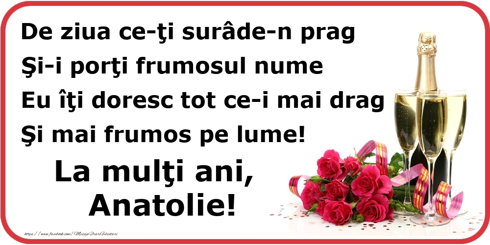 Felicitari de Ziua Numelui - Flori & Sampanie | Poezie de ziua numelui: De ziua ce-ţi surâde-n prag / Şi-i porţi frumosul nume / Eu îţi doresc tot ce-i mai drag / Şi mai frumos pe lume! La mulţi ani, Anatolie!