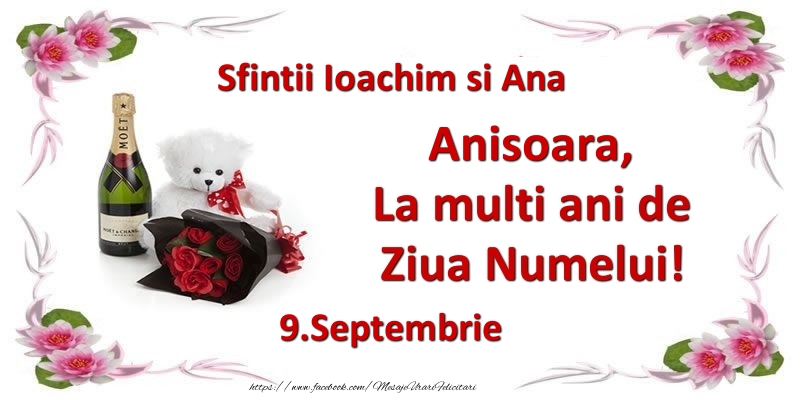 Felicitari de Ziua Numelui - Flori & Sampanie & Ursuleti | Anisoara, la multi ani de ziua numelui! 9.Septembrie Sfintii Ioachim si Ana