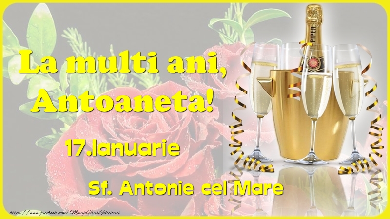 Felicitari de Ziua Numelui - Sampanie & Trandafiri | La multi ani, Antoaneta! 17.Ianuarie - Sf. Antonie cel Mare