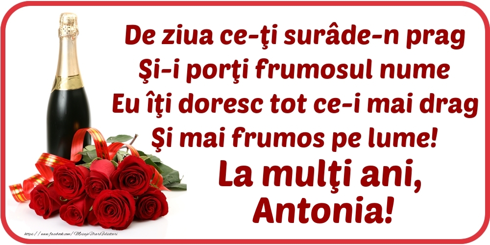 Felicitari de Ziua Numelui - Flori & Sampanie | De ziua ce-ţi surâde-n prag / Şi-i porţi frumosul nume / Eu îţi doresc tot ce-i mai drag / Şi mai frumos pe lume! La mulţi ani, Antonia!