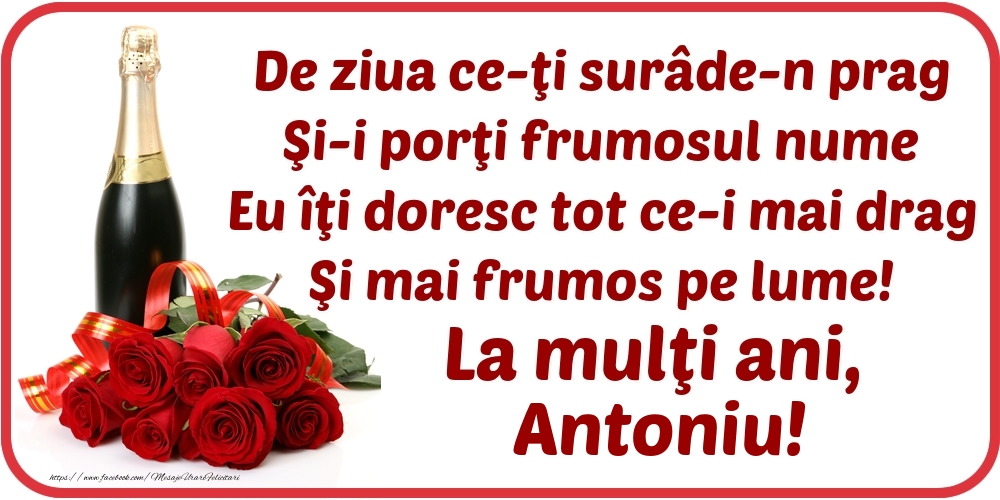 Felicitari de Ziua Numelui - Flori & Sampanie | De ziua ce-ţi surâde-n prag / Şi-i porţi frumosul nume / Eu îţi doresc tot ce-i mai drag / Şi mai frumos pe lume! La mulţi ani, Antoniu!