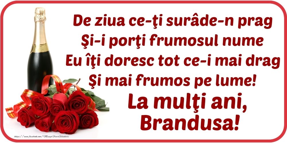 Felicitari de Ziua Numelui - Flori & Sampanie | De ziua ce-ţi surâde-n prag / Şi-i porţi frumosul nume / Eu îţi doresc tot ce-i mai drag / Şi mai frumos pe lume! La mulţi ani, Brandusa!