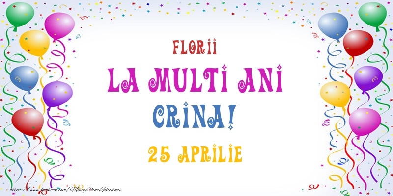 Felicitari de Ziua Numelui - Baloane | La multi ani Crina! 25 Aprilie