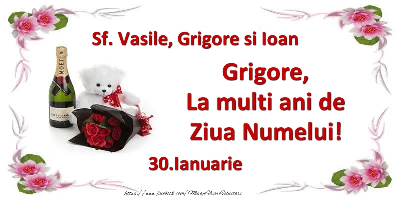 Felicitari de Ziua Numelui - Flori & Sampanie & Ursuleti | Grigore, la multi ani de ziua numelui! 30.Ianuarie Sf. Vasile, Grigore si Ioan