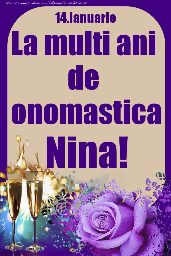 Felicitari de Ziua Numelui - Sampanie & Trandafiri | 14.Ianuarie - La multi ani de onomastica Nina!