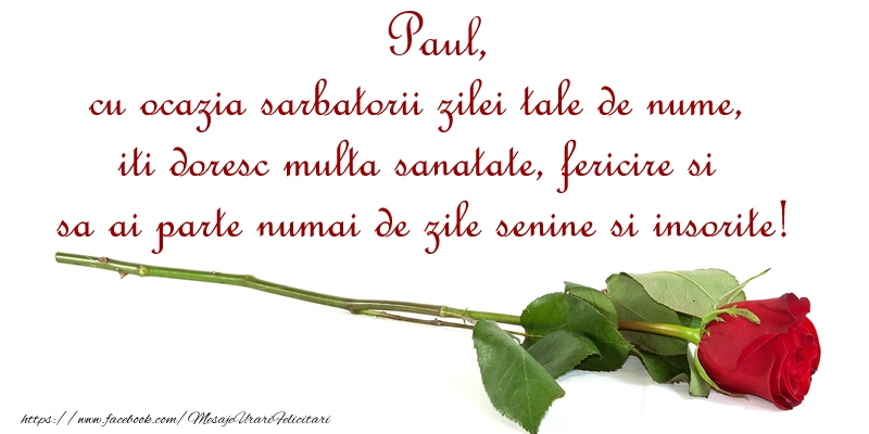 Felicitari de Ziua Numelui - Paul, cu ocazia sarbatorii zilei tale de nume, iti doresc multa sanatate, fericire si sa ai parte numai de zile senine si insorite!