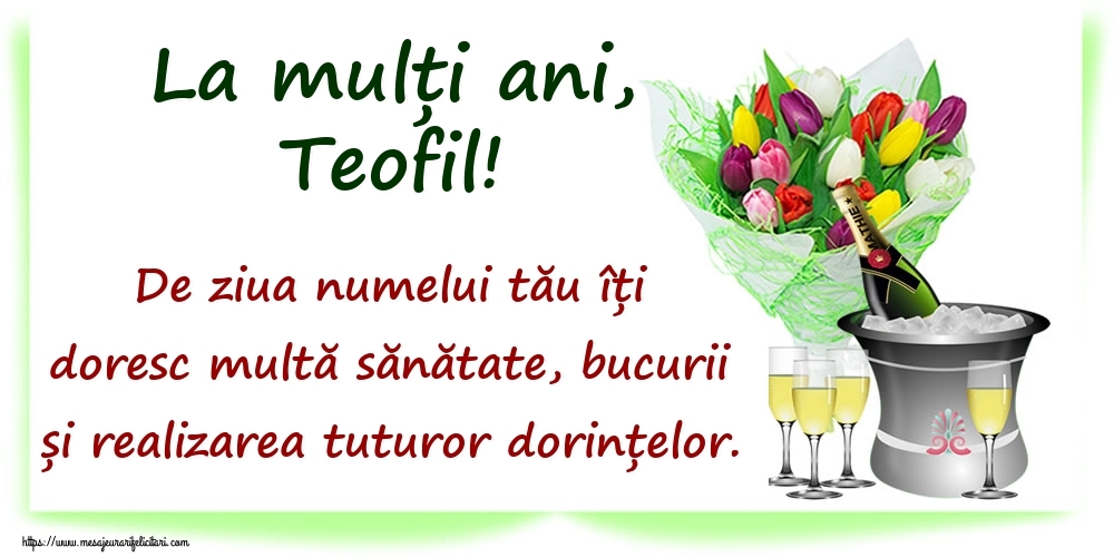 Felicitari de Ziua Numelui - La mulți ani, Teofil! De ziua numelui tău îți doresc multă sănătate, bucurii și realizarea tuturor dorințelor.