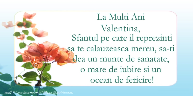 felicitari cu ziua numelui valentina La Multi Ani Valentina! Sfantul pe care il reprezinti sa te calauzeasca mereu, sa-ti dea un munte de sanatate, o mare de iubire si un ocean de fericire.