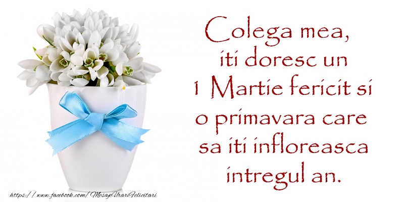 Felicitari de 1 Martie pentru Colega - Colega mea iti doresc un 1 Martie fericit si o primavara care sa iti infloreasca intregul an.