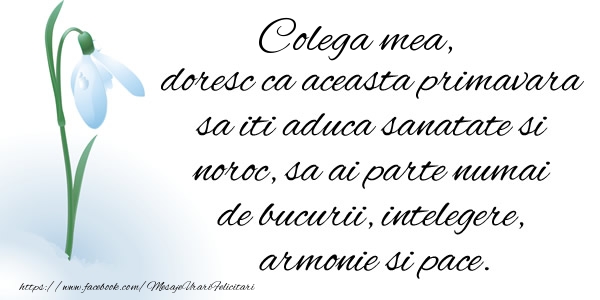 Felicitari de 1 Martie pentru Colega - Colega mea doresc ca aceasta primavara sa iti aduca sanatate si noroc ...