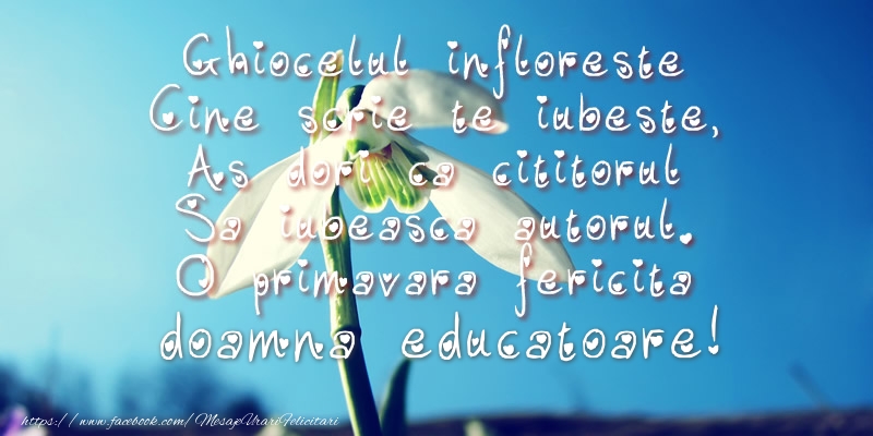 Felicitari de 1 Martie pentru Educatoare - Ghiocelul infloreste, Cine scrie te iubeste, As dori ca cititorul Sa iubeasca autorul. O primavara fericita doamna educatoare!