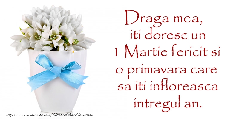Felicitari de 1 Martie pentru Iubita - Draga mea iti doresc un 1 Martie fericit si o primavara care sa iti infloreasca intregul an.