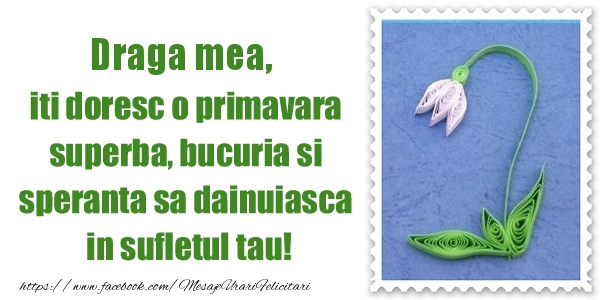 Felicitari de 1 Martie pentru Iubita - Draga mea iti doresc o primavara superba, bucuria si  speranta sa dainuiasca in sufletul tau!