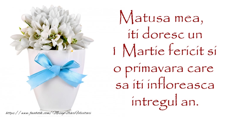 Felicitari de 1 Martie pentru Matusa - Matusa mea iti doresc un 1 Martie fericit si o primavara care sa iti infloreasca intregul an.