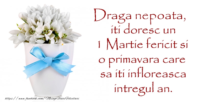 Felicitari de 1 Martie pentru Nepoata - Draga nepoata iti doresc un 1 Martie fericit si o primavara care sa iti infloreasca intregul an.