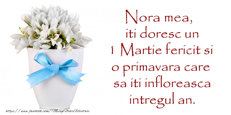 Felicitari de 1 Martie pentru Nora - Nora mea iti doresc un 1 Martie fericit si o primavara care sa iti infloreasca intregul an.