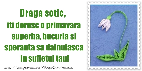 Felicitari de 1 Martie pentru Sotie - Draga sotie iti doresc o primavara superba, bucuria si  speranta sa dainuiasca in sufletul tau!