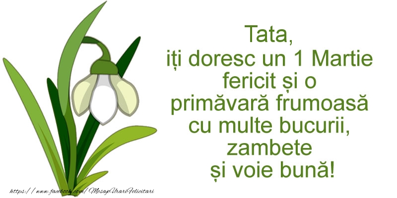 Felicitari de 1 Martie pentru Tata - Tata, iti doresc un 1 Martie fericit si o primavara frumoasa cu multe bucurii, zambete si voie buna!