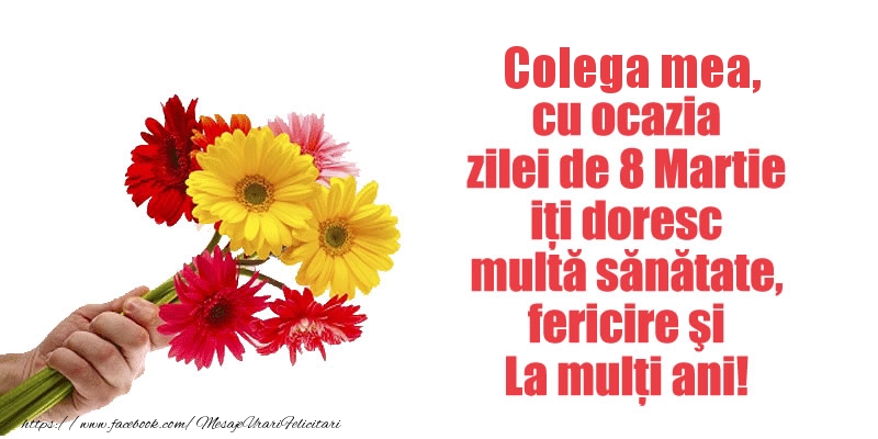 Felicitari de 8 Martie pentru Colega - Colega mea cu ocazia zilei de 8 Martie iti doresc multa sanatate, fericire si La multi ani!