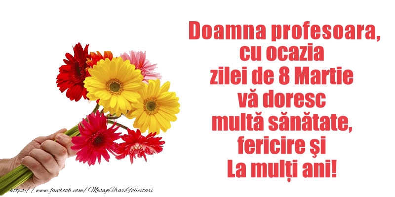 Felicitari de 8 Martie pentru Profesoara - Doamna profesoara cu ocazia zilei de 8 Martie va doresc multa sanatate, fericire si La multi ani!