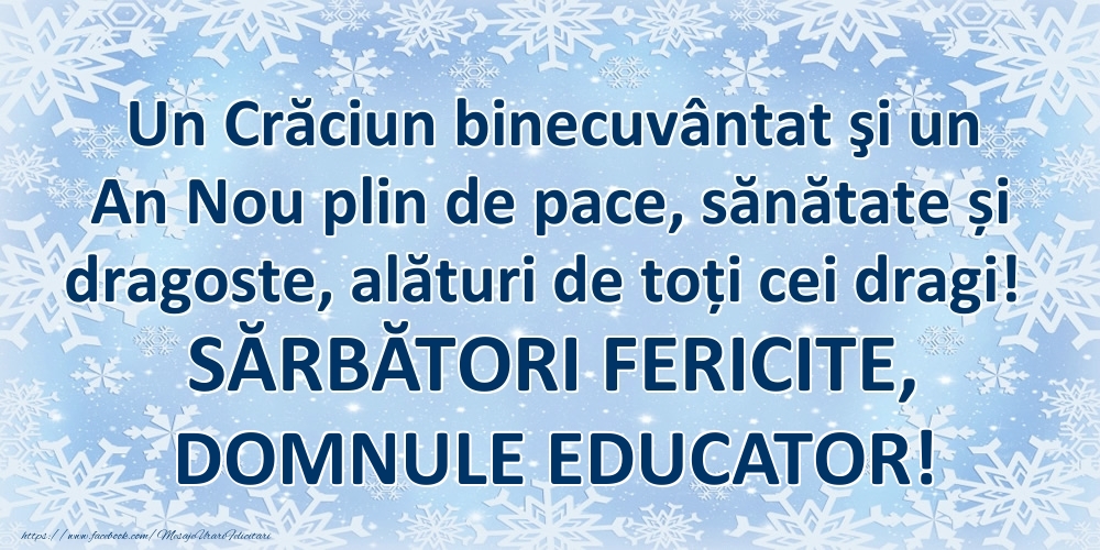 Felicitari de Craciun pentru Educator - Un Crăciun binecuvântat şi un An Nou plin de pace, sănătate și dragoste, alături de toți cei dragi! SĂRBĂTORI FERICITE, domnule educator!