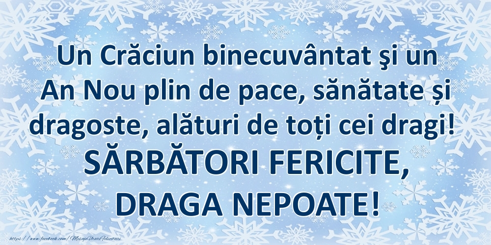 Felicitari de Craciun pentru Nepot - Un Crăciun binecuvântat şi un An Nou plin de pace, sănătate și dragoste, alături de toți cei dragi! SĂRBĂTORI FERICITE, draga nepoate!